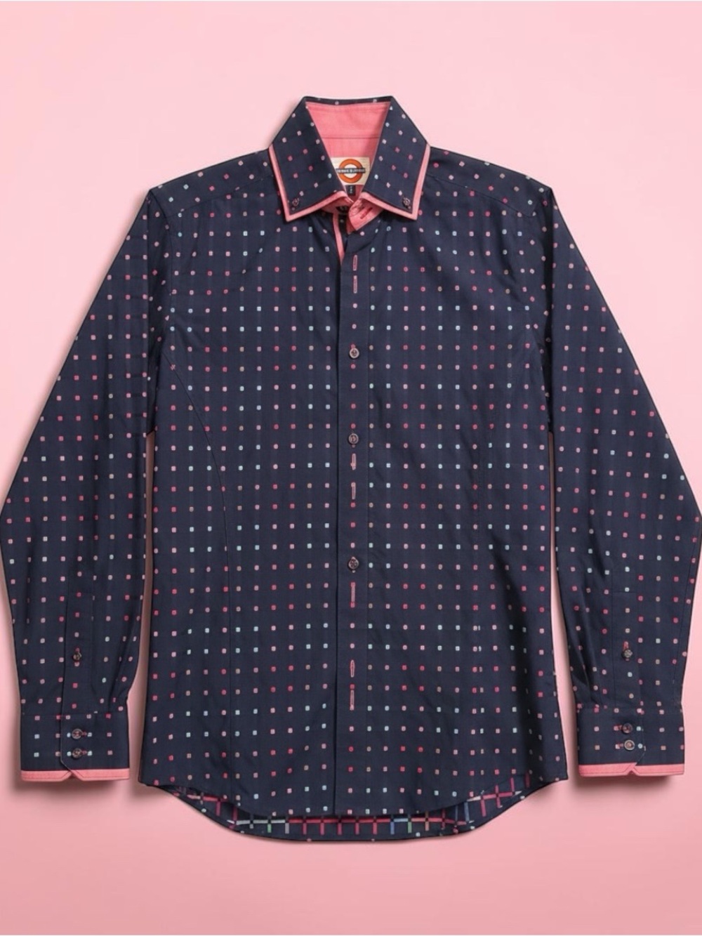 NEW Jermyn & Bond Men's Navy Dot-Print Dress Shirt with Pink Trim